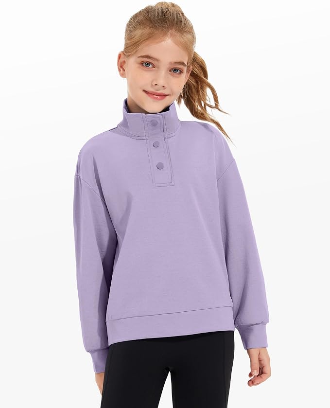 Girls Long Sleeve Collared Shirt Button Down Mock Neck Sweatshirt Athletic Cycling Clothing for Kids 5-14Years