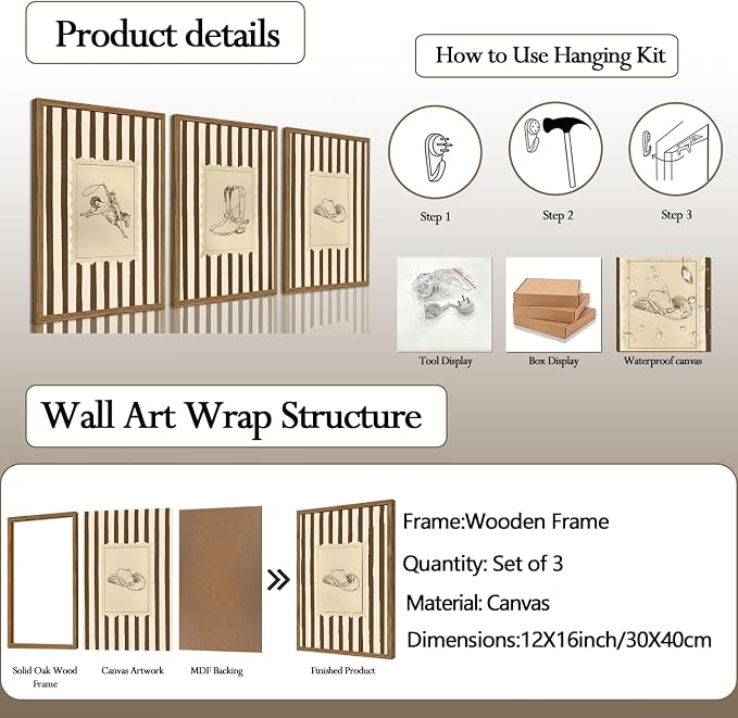 Western Cowboy Wall Art Set of 3, Vintage Cowboy Boots Hat Wall Decor Painting Southwestern Rodeo Canvas Prints Picture for Living Room Bedroom Farmhouse 12x16 Inch Wood Framed