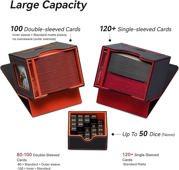 Mage Tech Card Deck Box for MTG Commander - Patented Design, Commander Display, Fits 100 Double-Sleeved Cards, 35pt Card Brick & Dice Tray - Black/Purple