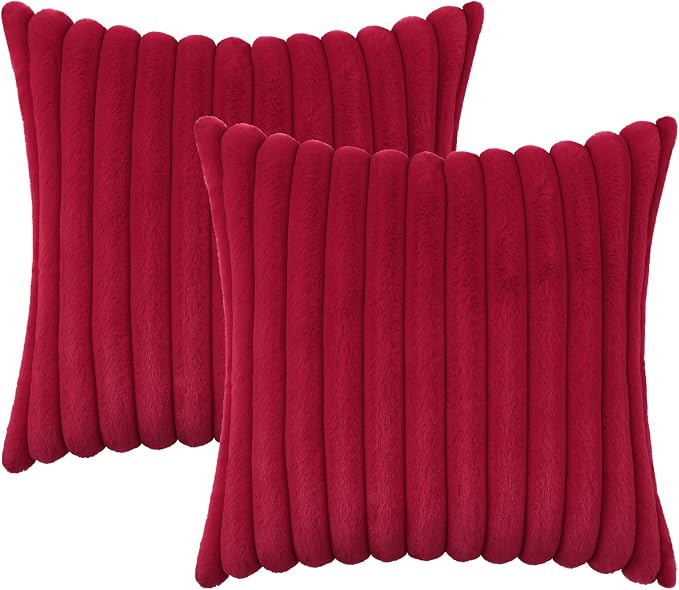 decorUhome Fall Faux Fur Throw Pillow Covers 20x20 Set of 2 Red | Decorative Soft Cozy Striped Plush Modern Farmhouse Boho Couch Pillow Cases Velvet Back for Sofa Bed Living Room Home Decor