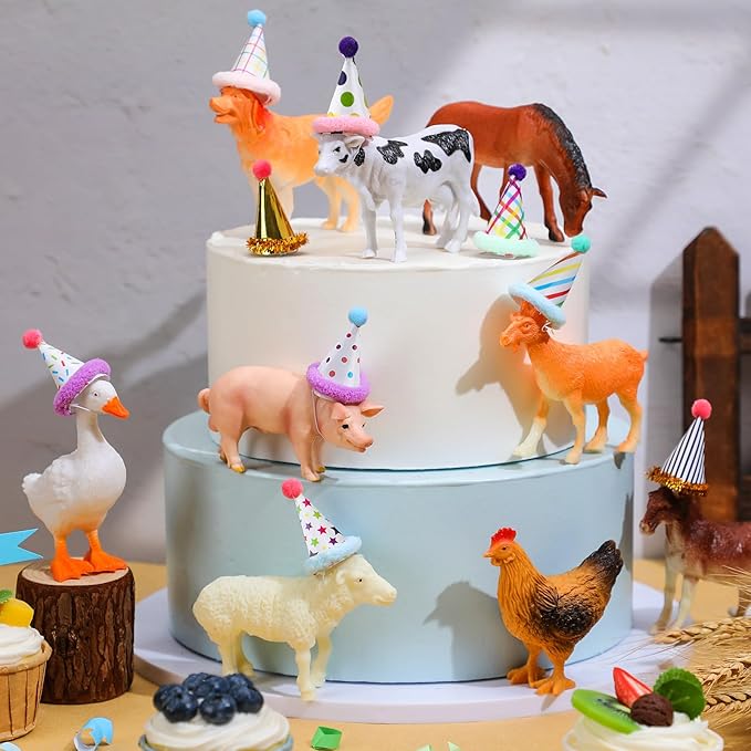 18 Pcs Farm Animal Birthday Party Decorations Mini Birthday Hat Animal Figure Model Cake Toppers with Mini Hat for Birthday Party, Animals Themed Party