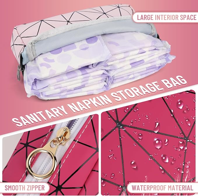 Tampon Holder for Purse Period Bag Waterproof Geometric PU Sanitary Napkin Storage Bag Portable Menstrual Cup Pad Pouch Cute Makeup Bag Feminine Gift Purple