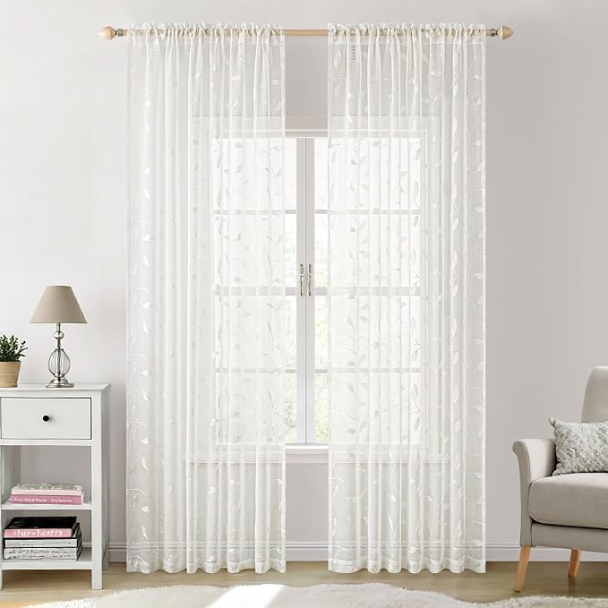 MIULEE Ivory Sheer Curtains 2 Panels Embroidered Leaf Patterned Rod Pocket Floral Semi Sheer Faux Linen Window Curtains Drapes Set for Living Room Bedroom Dining Room, 52x96 Inches Long