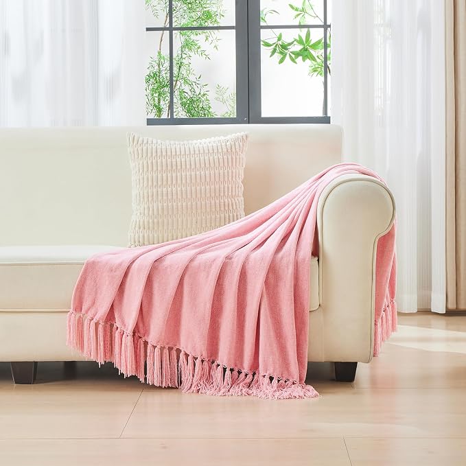 CozeCube Chenille Throw Blanket, Pink Fringe Blanket, 50"X60" | For Couch, Cozy Plush Fuzzy Decorative Blanket with Fringe Tassels, Lightweight Throws for Bed Sofa Gift Home Decor