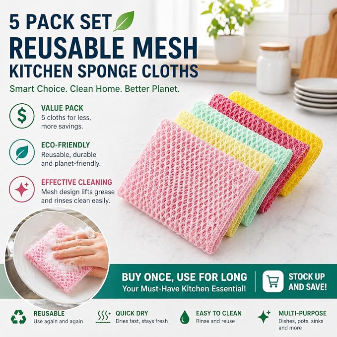 OliviaTree Dish Scrubber 5 Pack, Non Scratch Reusable Mesh Scrub Cloth for Washing Dishes Pots Pans Sink, Quick Dry Odor Resistant Sponge Alternative, Korean Kitchen Cleaning Pad 11 x 11 Inch