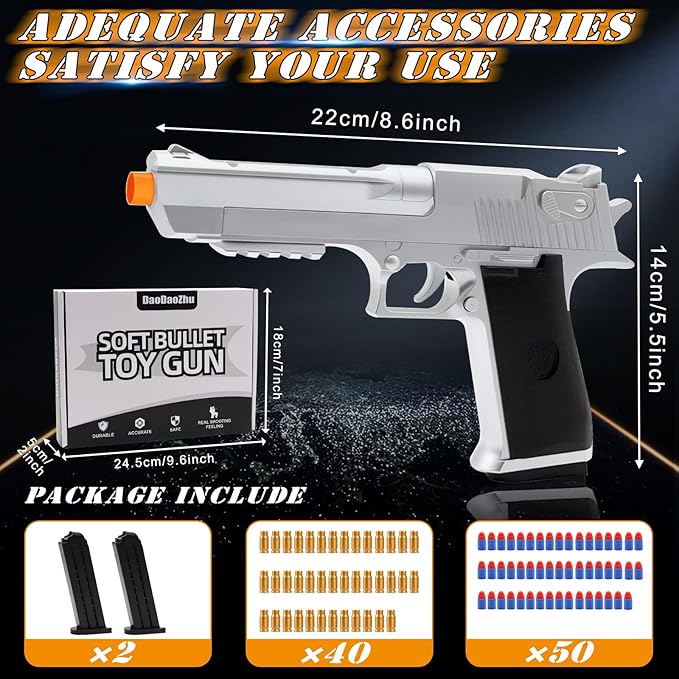 Toy Pistol Guns Toys for 8 9 10 11 12 13+ Year Old Boys Kids, Sports & Outdoor Play Toys Gun with Soft Bullet & Shell Ejecting, Silver Fidget Toy Guns for Boys 8-12, Kids Gifts for Birthday