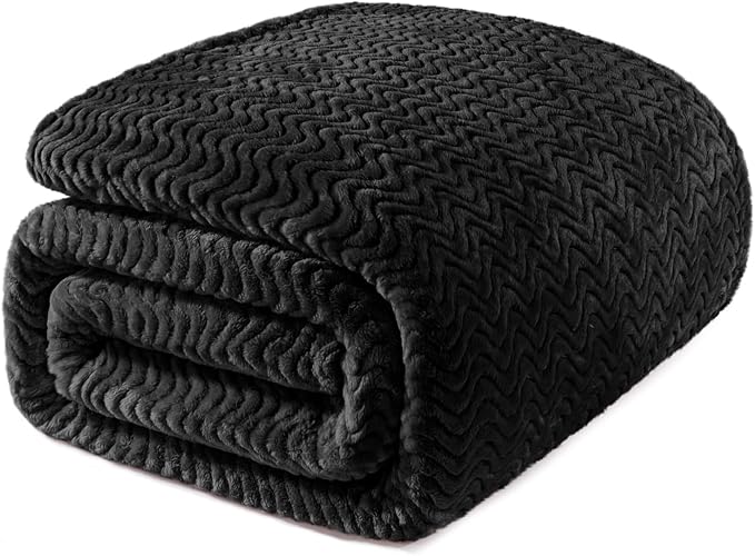 Exclusivo Mezcla Soft Fleece Blanket Twin Size for Bed, Sofa, Black | 90"x66" Breathable Lightweight Flannel Blanket for Summer, Plush Cozy Jacquard Wave for Home Decor