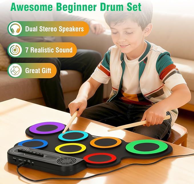 Electronic Drum Set, 7-Pad Kids Electric Drum Set Dual Stereo Speaker, MIDI. Portable Roll Up Drums Practice Pad for Kids, Perfect Birthday&Christmas Gift for Boys&Girls