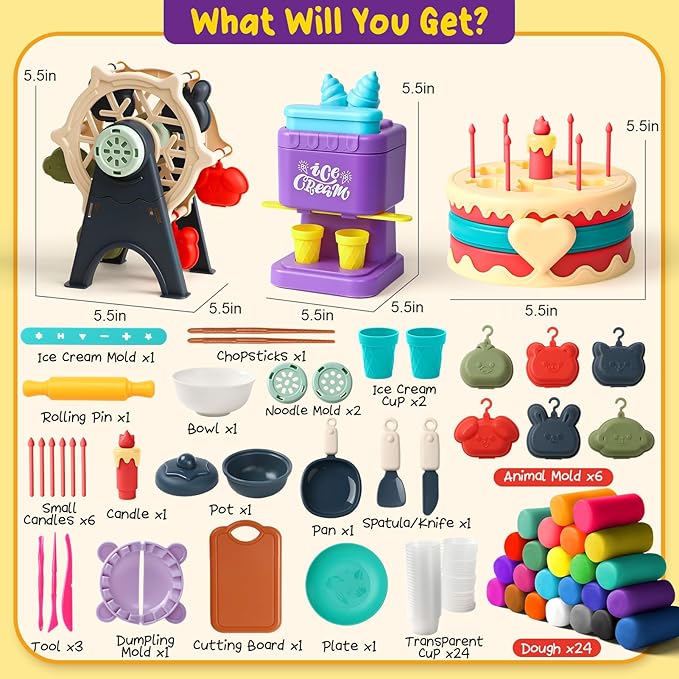 4 in 1 Playdough Sets for Kids Ages 4-8, 24 Colors Dough Accessories with Ice Cream/ Noodles/ Cake Makers, Kitchen Pretend Play Tools Kit, Birthday Gifts Toys for Toddlers Boys Girls 3 4 5 6 7 8