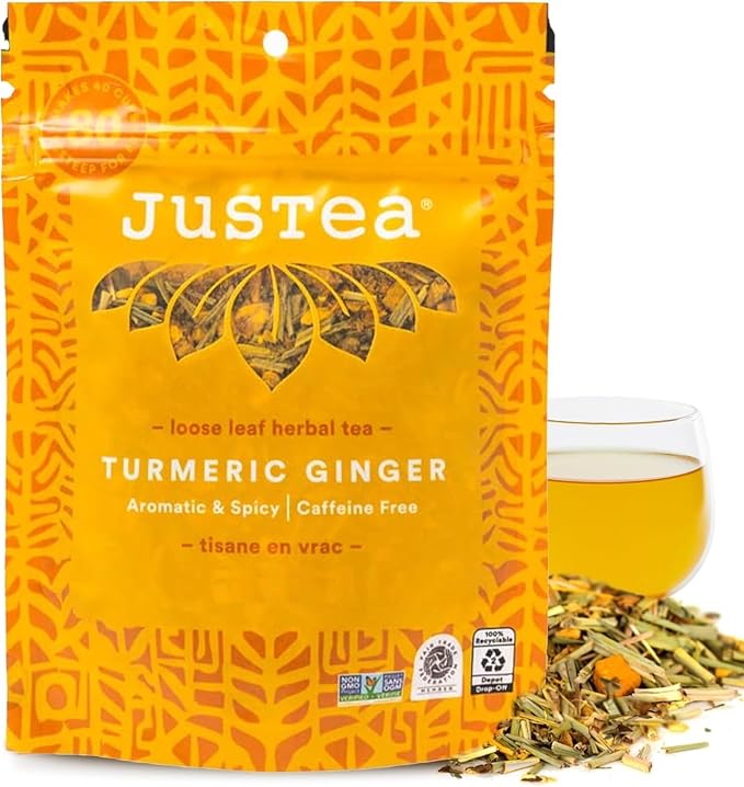 JusTea TURMERIC GINGER | Loose Leaf Herbal Tea | Recyclable Refill Pouch | 160+ Cups (15.5oz) | Caffeine Free | Award-Winning | Fair Trade | Non-GMO