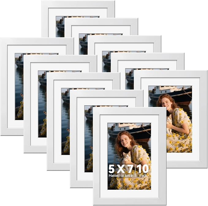 HappyHapi 5x7 Picture Frames Set of 10, Wall or Tabletop Display, White | White Picture Frames Display Photos 4x6 with Mat or 5x7 Without, Gallery Wall Frame Set, Modern Classic Home Decor