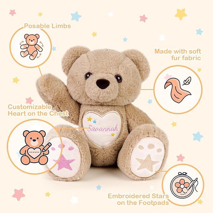 Custom Teddy Bear with Name Embroidery – Personalized Bear Plush Stuffed Animal for Toddlers Kids 1-10, Personalized Birthday for Baby Boys Girls(Brown)