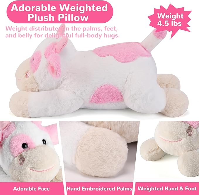 Cow Weighted Stuffed Animals - 22 Inch 4.5 Pounds Weighted Plushies Cow Stuffed Animals - Big Plush Pillow - Cute Plush Toys Gifts for Kids & Adults (22" 4.5 lbs Pink)