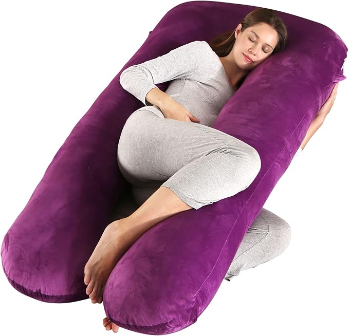 Amagoing 55 inches Pregnancy Pillows for Sleeping, U Shaped Maternity Full Body Pillow for Pregnant Women with Hip, Leg, Back, Belly Support, Washable Velvet Cover Included (Dark Purple)