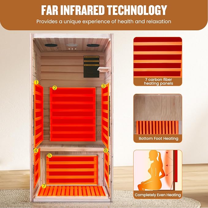 Infrared Sauna, Far Infrared Saunas for Home, Low EMF 1 Person Sauna Indoor Sauna Room Dry Sauna with Bluetooth Speakers 7 Color Light Therapy 1065W/120V Fast Heating Easy Assembly 31.5 * 31.5 * 63"