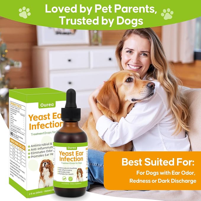 Dog Yeast Ear Infection Treatment Drops, Relieves Ear Redness Discomfort Itching and Allergy, Reduces Inflammation Irritation, Herbal Drops for Itchy Skin Ear Odor Relief for Dog Yeast Ear Infection