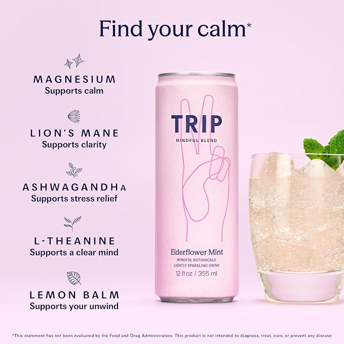 TRIP Lightly Sparkling Adaptogen Drink, Non Alcoholic Drink with Magnesium, Ashwagandha, Lions Mane & L Theanine, No Added Sugar Mocktail, Vegan, Elderflower Mint, 12 Oz, 12Pk