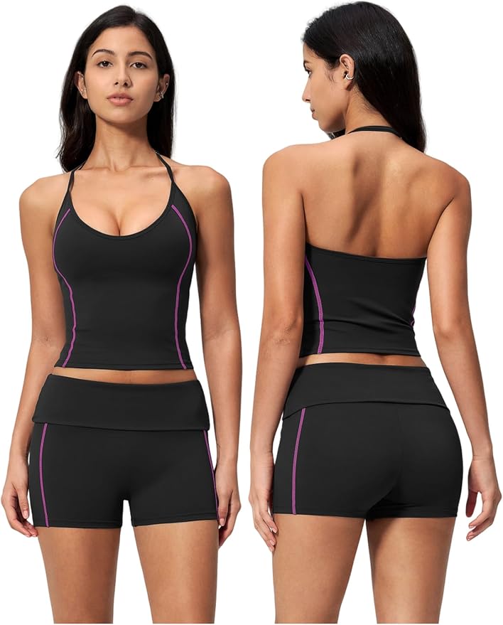 QBGJTD Women 2 Piece Workout Set Color Block Open Back Halter Top and High Waist Booty Lifting Shorts Yoga Outfit