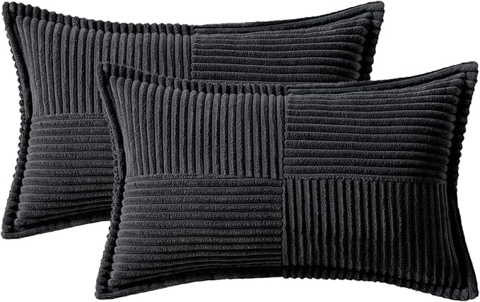 MIULEE Decorative Lumbar Throw Pillow Covers 12x20 Inch Black 2 Pack | Boho Broadside Striped Patchwork Pillow Covers, Soft Corduroy Cushion Cases, For Couch Sofa Bed Livingroom Home Decor