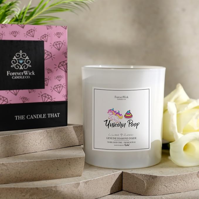 Unicorn Poop Cotton Candy Surprise Candle + Diamond Inside | Foreverwick Candles | Scented Soy Candles Gifts for Women Aromatherapy Candle | Birthday Candles All-Natural Organic Soy Candle 14oz | 70h