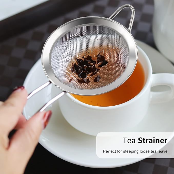 D Fine Mesh Strainer, Stainless Steel Sieve Sifter with Handle, Small Metal Strainer for Loose Tea, Juice, Drink, Herbs, Mini Sifter for Flour, Matcha, Kitchen, Baking, 3-Inch (10x3, Silver)