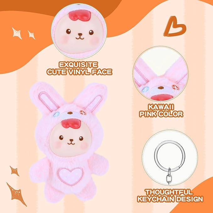 Plush Doll, Plush Figure Toys with Vinyl Face Mentl Keyring Heart Embroidery for Girls Boys, Soft Pink Bunny Vinyl Plushies Figure Stuffed Animals Gift for Collectibles Bag Charm Home Decor Birthday