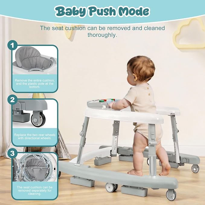 5-in-1 Baby Walker for Boys and Girls Music and Lights 6-18 Months, Foldable Baby Walkers with 5 Adjustable Heights, Infant Toddler Walker with Wheels and Combo Portable（Grey）