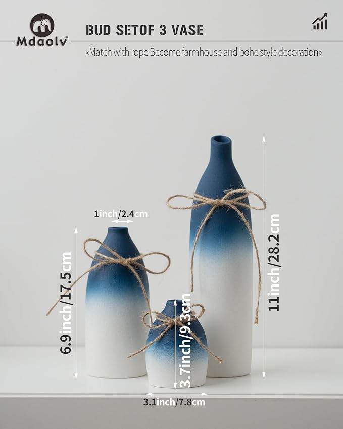 Mdaolv Blue and White Vase Set Navy Blue Decor Coastal Decor Vases for Kitchen Island Living Room Office Table Fireplace Mantle Decorations & Bathroom Shelf Decor Centerpiece Table Decorations Ceramic