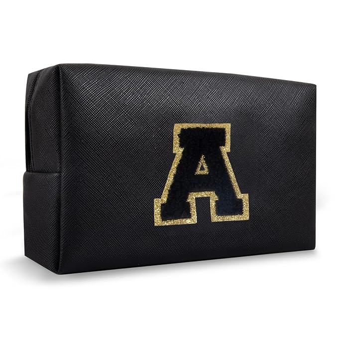 Personalized Initial A-Z Preppy Patch Makeup Bag,Small PU Chenille Letter Cosmetic Bag with Zipper for Teen Girls,Black Cute Toiletry Organizer Bag,Monogram Makeup Case Gift for Women Girls,Letter A