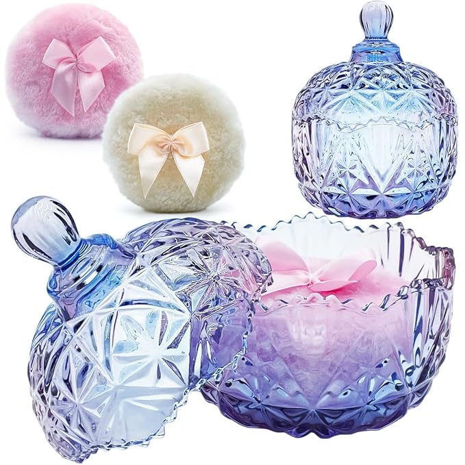 4" Glass Dusting Powder Container with 2 Fluffy Puffs,Cute 3.5" Soft Body Powder Puff and Jar Set(Crown-colorful purple)