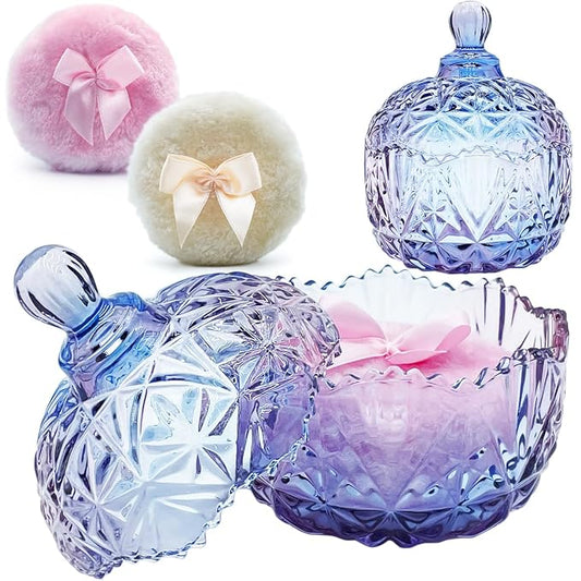 4" Glass Dusting Powder Container with 2 Fluffy Puffs,Cute 3.5" Soft Body Powder Puff and Jar Set(Crown-colorful purple)