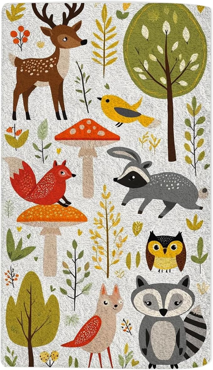 Summer Cute Woodland Animals Hand Towel Trees, Mushrooms and Berries Birthday Face Towels Suit Travel Sports Pool Swimming Bath Camping Spa Gym Yoga,15x30 Inch