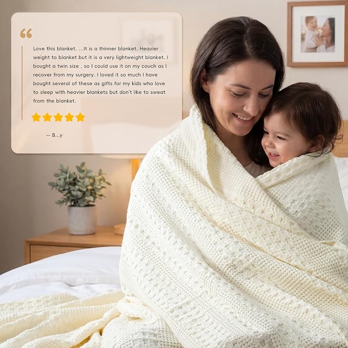 PHF 100% Cotton Waffle Blanket Twin Size, Lightweight Breathable Summer Blanket for Hot Sleepers, Pre-Washed Soft Layer for Bed, Dorm, Couch & Guest Room, Home Decor Gift, 66"x90", Ivory