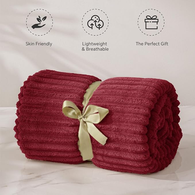 BEDELITE Ribbed Jacquard Burgundy Fleece Twin Blanket for Bed, 60x80 Inch | Soft Warm Decorative Fluffy Blanket, Cozy Plush Lightweight Fuzzy Throw Blanket for Couch Sofa Room Decor, Gift for Women
