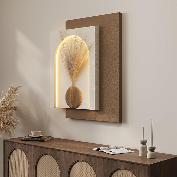 Large 3D LED Wall Art Decor for Living Room, Modern Minimalist Textured Lighted Artwork for Walls, Neutral Beige Brown Paintings Wall Decor for Hallway, Dining Room, Bedroom, Office Aesthetic