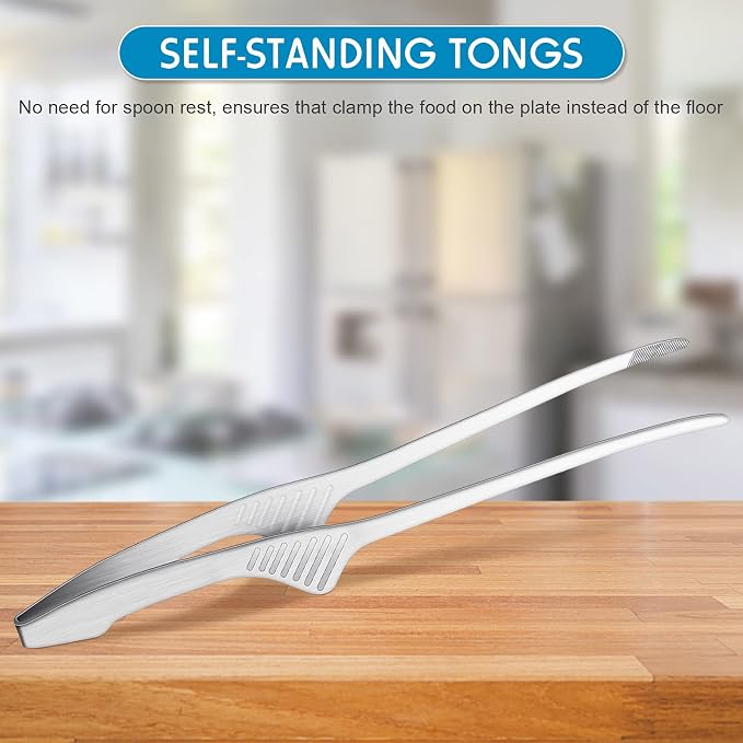 Patelai 4 Pieces Korean and Japanese BBQ Tongs Non Slip Cooking Utensils Stainless Steel Tongs for Serving Food, Salad, Camping, Barbecue, Buffet, Oven with Support Stand (Silver)