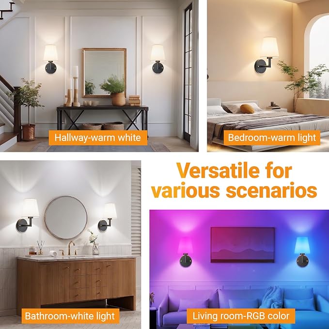 Nekhung Battery Operated Wall Sconce, Peel and Stick Sconces Set of 2 | Wireless Adhesive Stick On Wall Sconce, 10000mAh Rechargeable RGB Bulb with Remote, No Drill Wall Light for Bedroom Decor