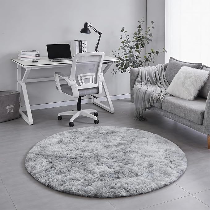 Amdrebio Tie-Dyed Light Grey Round Area Rugs for Living Room, 6x6 Ft, Soft Large Circle Rugs for Bedroom, Big Shag Fluffy Fuzzy Carpet for Kids Room, Modern Floor Circular Rug, Furry Farmhouse Rug