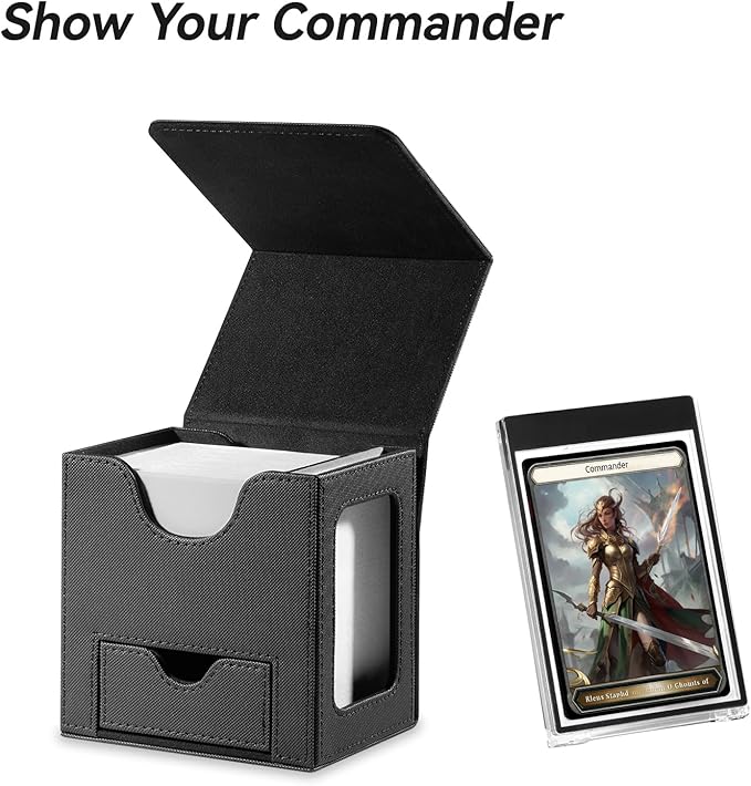 Mage Tech Card Deck Box for MTG Commander - Patented Design, Commander Display, Fits 100 Double-Sleeved Cards, 35pt Card Brick & Dice Tray - Justice Black