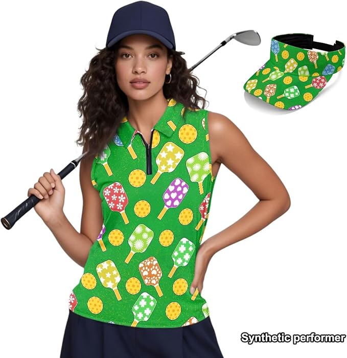 POLERO Golf Tank Top Women Golf Shirts and Visor Hat Collared Racerback Tennis Shirt Set Quarter Zip