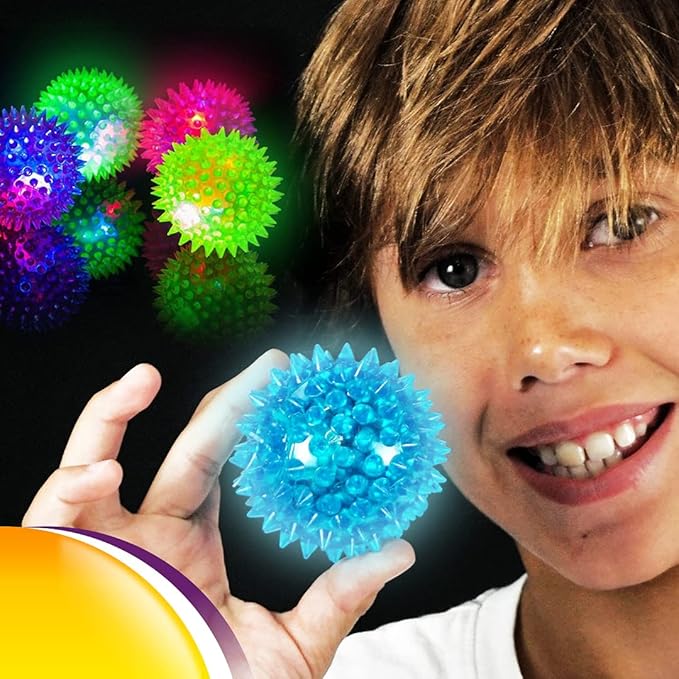 JA-RU Light Up Spiky Balls for Kids (8 Pack) – Light Up Bouncy Balls | Spiky Fidget Toys for Stress Relief, Sensory Bin Filler, Bulk Party Favors, & Classroom Prizes. 695-8A
