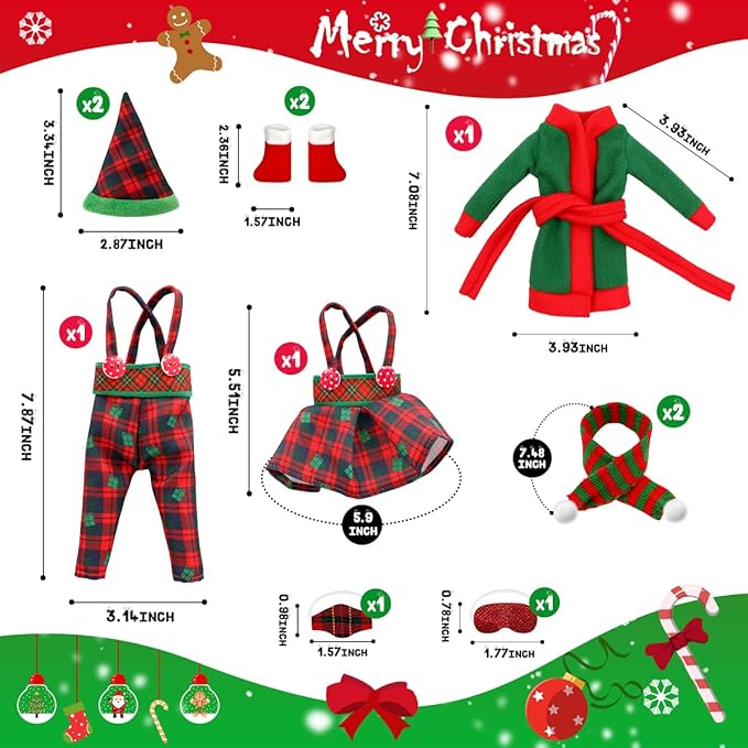 Christmas Doll Clothes Accessories Kits, 15PCS Christmas Checkered Suspender Pants & Skirt, Sleeping Bag, Bathrobe, Apron, Skirt , Glasses, Eye Mask, Scarf for Doll Holiday Decoration