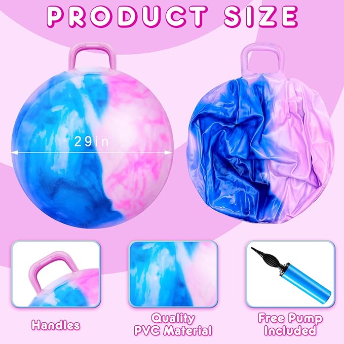 Lewtemi Hopper Ball for Adults, 29 Inch Bouncing Ball Hippity with Handle Rubber Hop, Jumping Hopping Exercise with Air Pump for Outdoors Sports Games Exercise (Blue Pink Cloud)