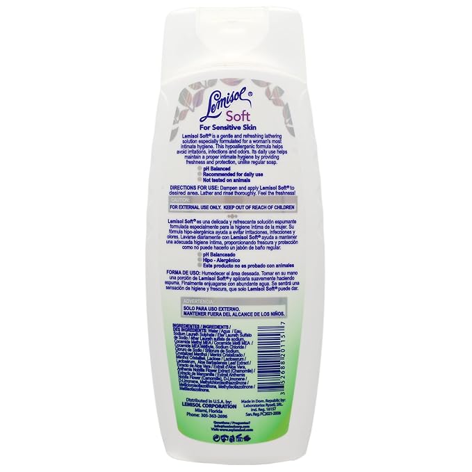 Lemisol Soft Feminine Wash, Fragrance-Free for Sensitive Skin, pH Balanced, Odor Control, 12.5 Fl Oz Bottle (Pack of 1)
