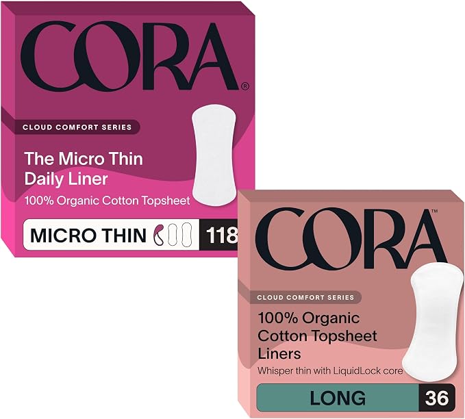 Cora Organic Cotton Feminine Care Bundle | 118 Micro Thin Daily Panty Liners and 36 Long Period Liners | Organic Topsheet | Quick Absorbency Leak Protection | Unscented