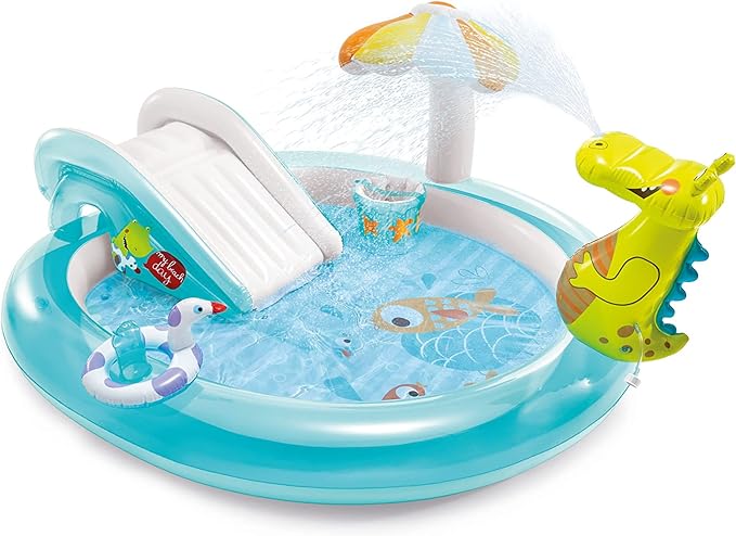 Intex Gator 6.6' x 5.6' x 4" Outdoor Inflatable Kiddie Pool Water Play Swim Center