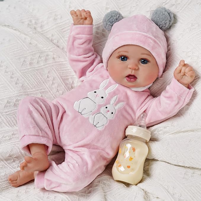 BABESIDE 2 Pcs Reborn Baby Doll Clothes with Hat for 17-22 Inch Babydolls, Cute Bunny Pattern Baby Dolls Outfits Accessories fit Newborn Babydoll Girls, Pink