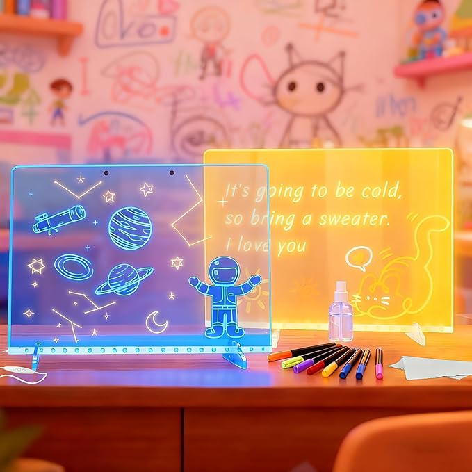 2026 LED Drawing Board for Kids Ages 6+, 2 Pack 13.7"x9.75" Plug-in Light Up Dry Erase Note Boards with Colors, 7 Color Modes Acrylic Glow Board with Stands, Markers, Spray Bottle, Hanging Chains