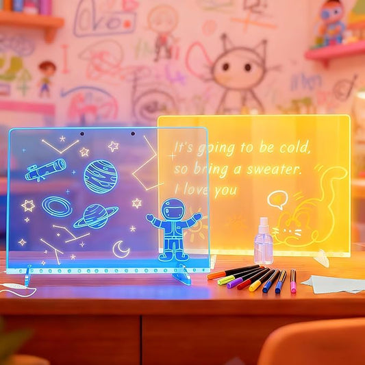 2026 LED Drawing Board for Kids Ages 6+, 2 Pack 13.7"x9.75" Plug-in Light Up Dry Erase Note Boards with Colors, 7 Color Modes Acrylic Glow Board with Stands, Markers, Spray Bottle, Hanging Chains