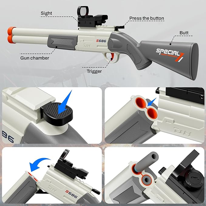 Toy Gun Double Barrel Shotgun Toy,with 20 Soft Bullet Darts, Toy Foam Blaster Foam Dart Blaster with Scope for Kids, Youth, Teen, Boys-Holiday for 8-12 Year (White)